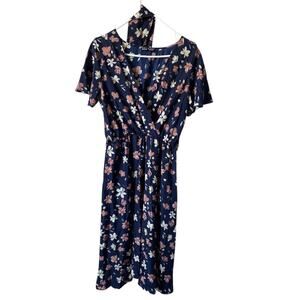 Navy Blue Floral Tie Waist V Neck Nursing Friendly Midi Dress Sz L NIB Career